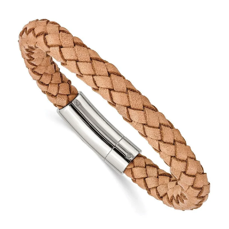 Best bangle bracelets with enamel floral patterns for a delicate and feminine touch-Stainless Steel Light Tan Leather 8.5in Bracelet