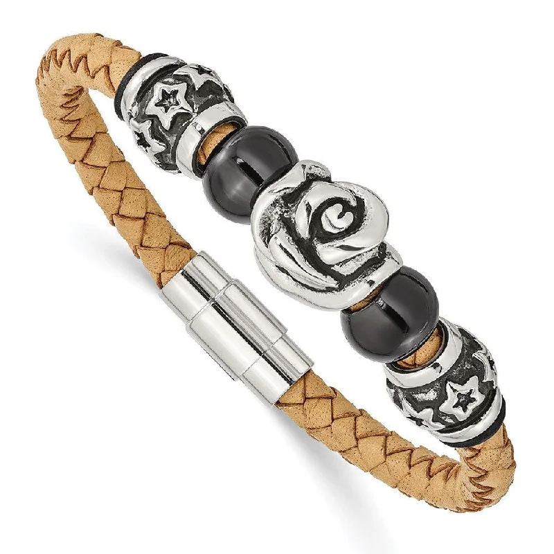 Best bangle bracelets with enamel detailing for a colorful and unique design-Stainless Steel Light Tan Leather w/Beads 7.5in Bracelet