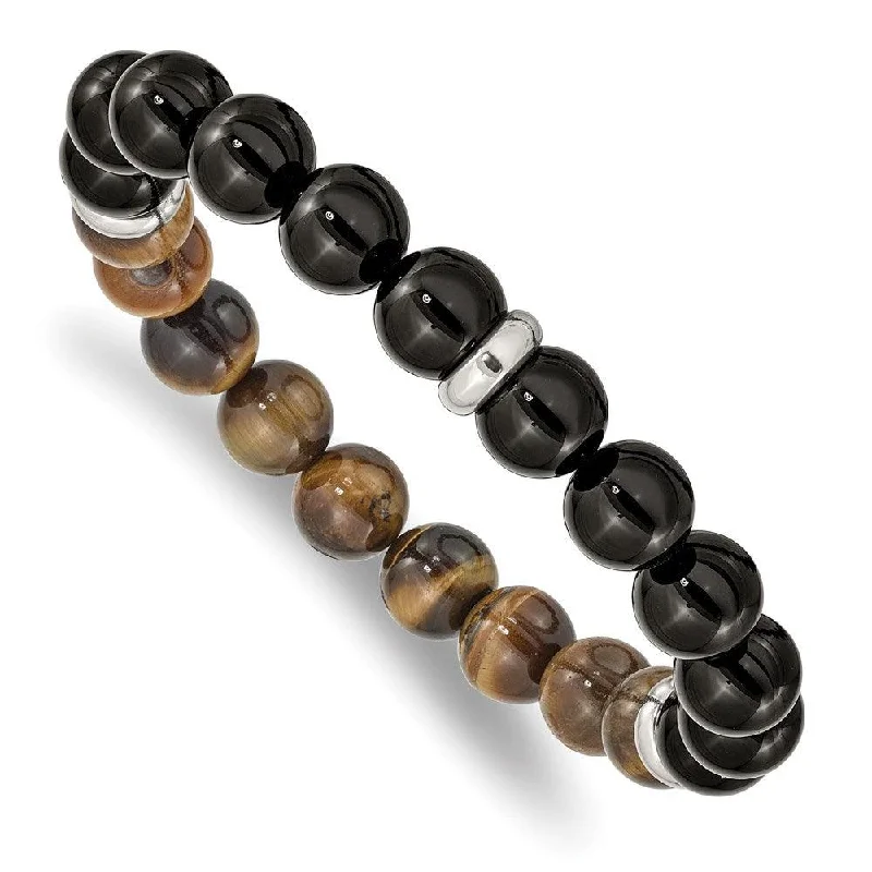 Thin bangle bracelets with mixed metals for a contemporary and versatile look-Stainless Steel Polished Black Agate and Tiger's Eye Stretch Bracelet