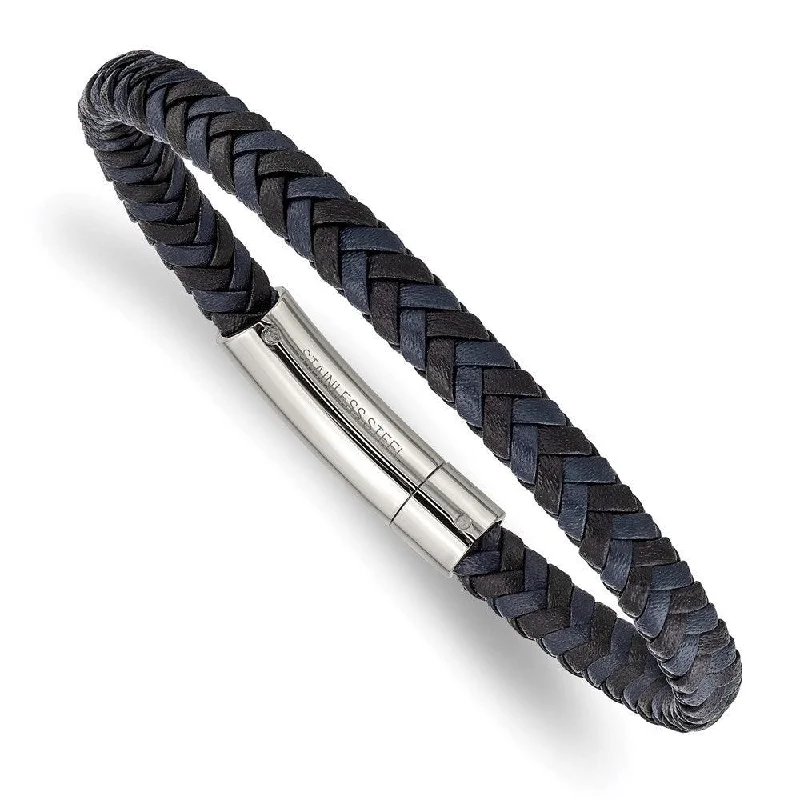 Colorful bangle bracelets with enamel details for a playful and youthful style-Stainless Steel Polished Black and Blue Braided Leather 8.25in Bracelet