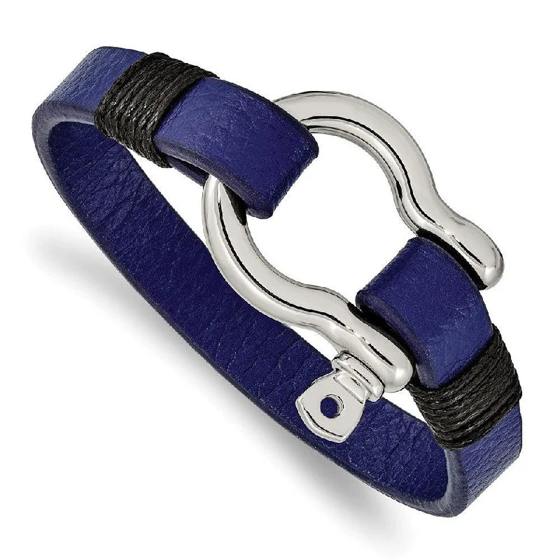 Best bangle bracelets with twisted rope designs for a textured, nautical-inspired look-Stainless Steel Polished Black and Blue Leather 8.25in Shackle Bracelet