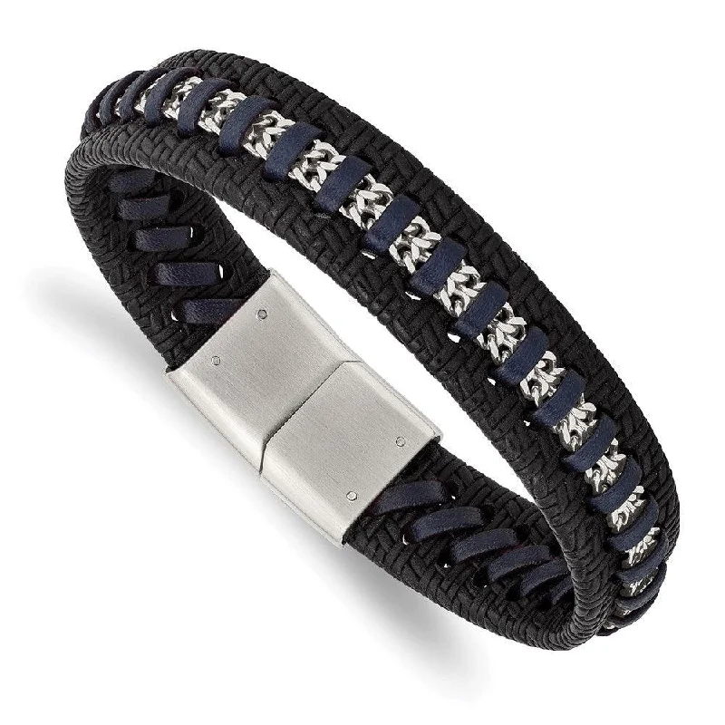 Lightweight bangle bracelets with subtle shimmer for an understated yet elegant look-Stainless Steel Polished Black and Blue Leather 8.5in Bracelet