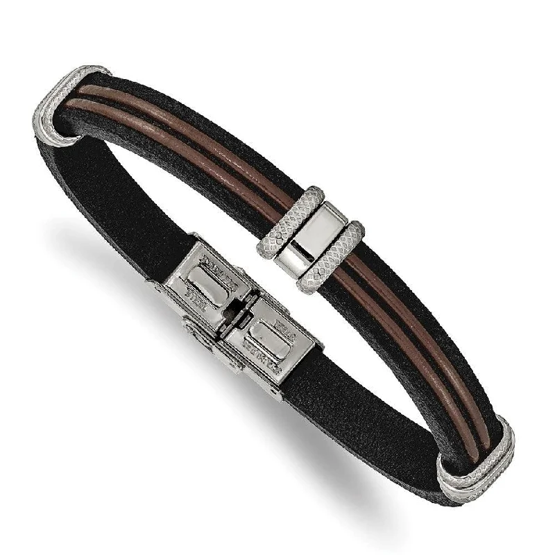 Best bangle bracelets with smooth sterling silver for a polished, refined finish-Stainless Steel Polished Black and Brown Leather 8.25in Bracelet