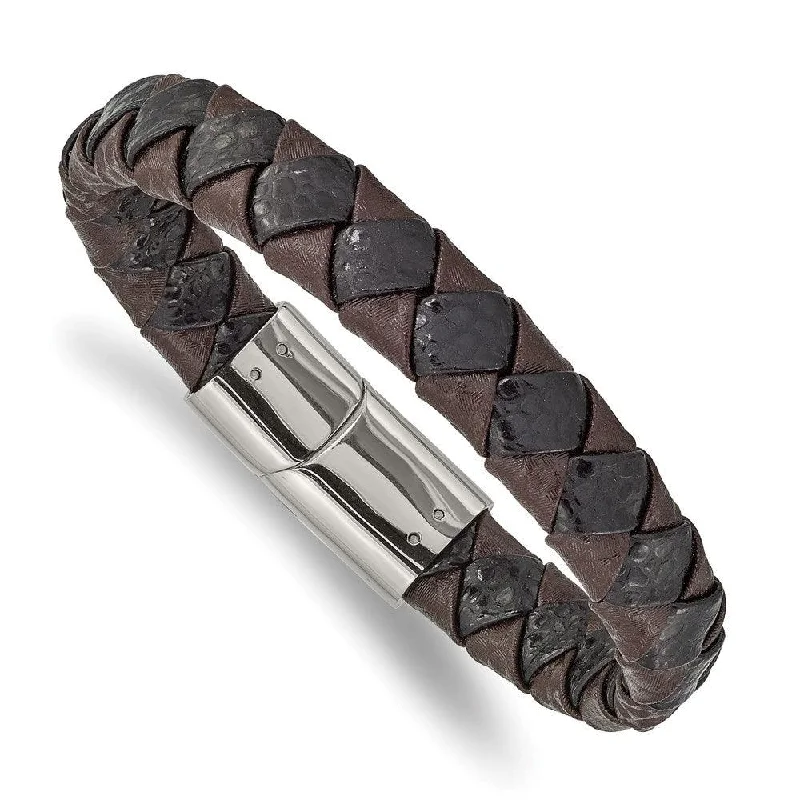 Bold bangle bracelets with mixed materials like wood, metal, and fabric-Stainless Steel Polished Black and Brown Textured Leather 8in Bracelet