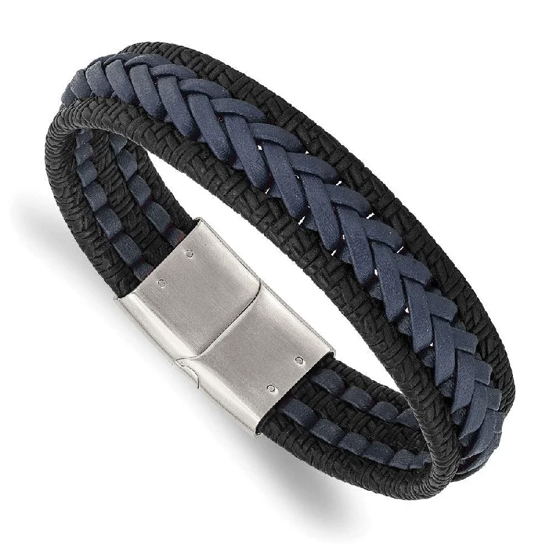 Sleek bangle bracelets with modern metallic finishes for a polished, chic design-Stainless Steel Polished Black/Blue Braided Leather 8.25in Bracelet