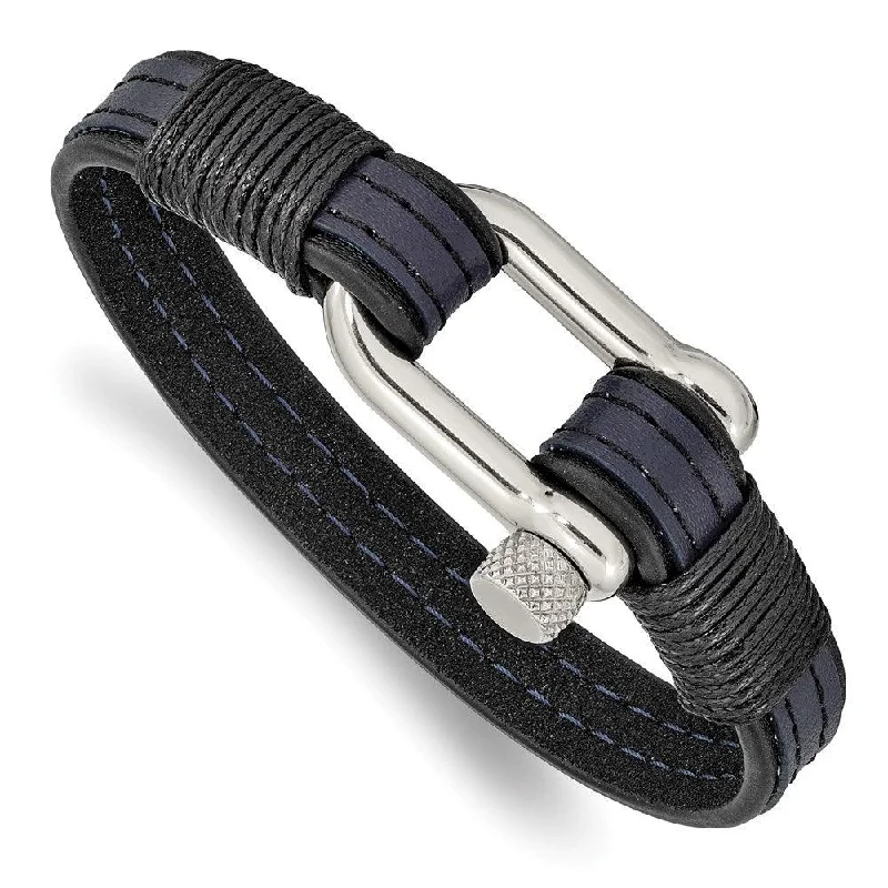 Best bangle bracelets with sapphire stones for an elegant and rich pop of color-Stainless Steel Polished Black & Blue Leather 8.25in Shackle Bracelet