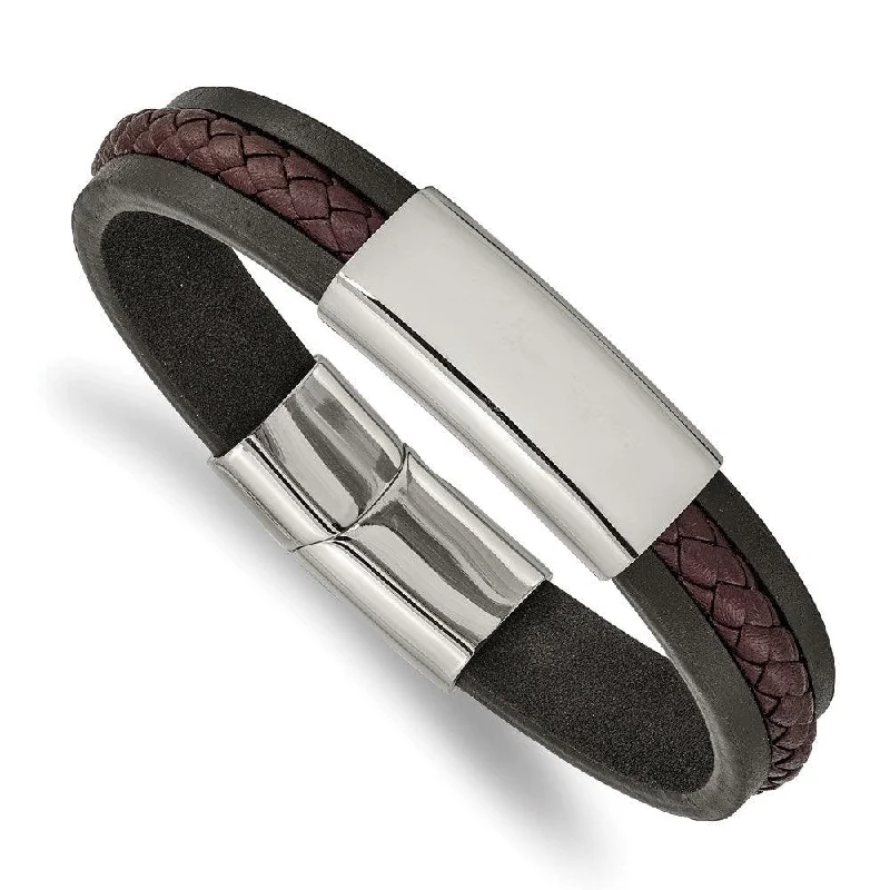 Best bangle bracelets with engraved floral patterns for a delicate and elegant design-Stainless Steel Polished Black & Brown Braided Leather 8.25in ID Bracelet