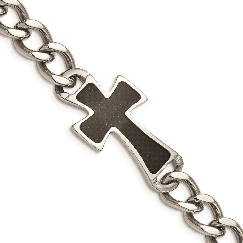 Best bangle bracelets with gold-filled material for an affordable luxury option-Stainless Steel Polished Black Carbon Fiber Inlay Cross 8.5in Bracelet