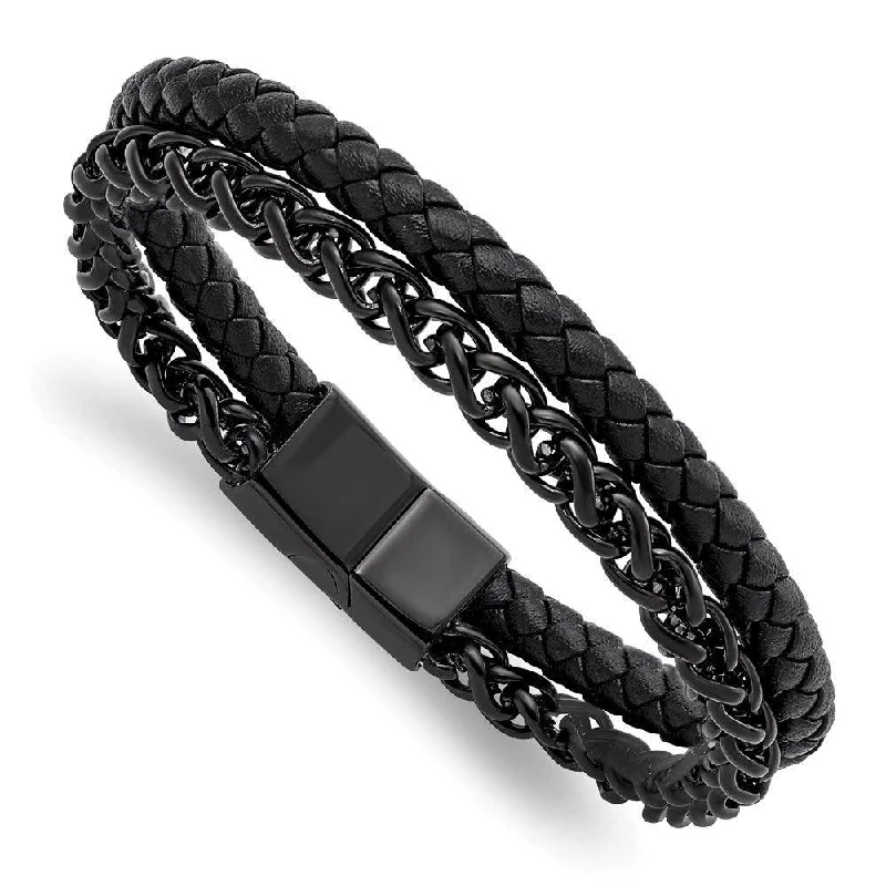 Best bangle bracelets with vibrant stones for a rich and colorful appearance-Stainless Steel Polished Black IP-plated Chain Black Leather 8.5in Bracelet