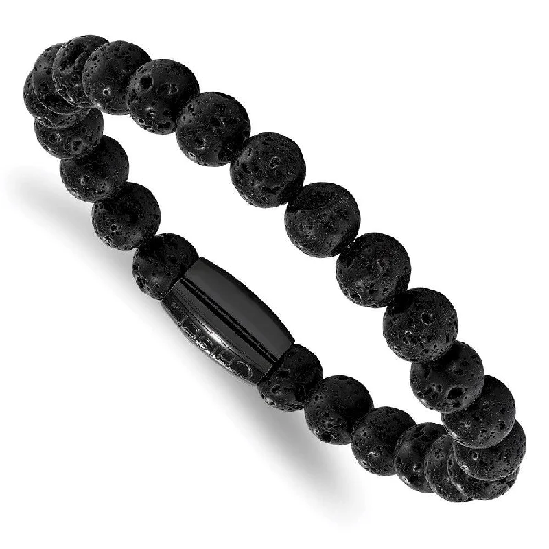 Classic bangle bracelets with pearl embellishments for a feminine and classic touch-Stainless Steel Polished Black IP-plated Lava Rock Beaded Stretch Bracelet