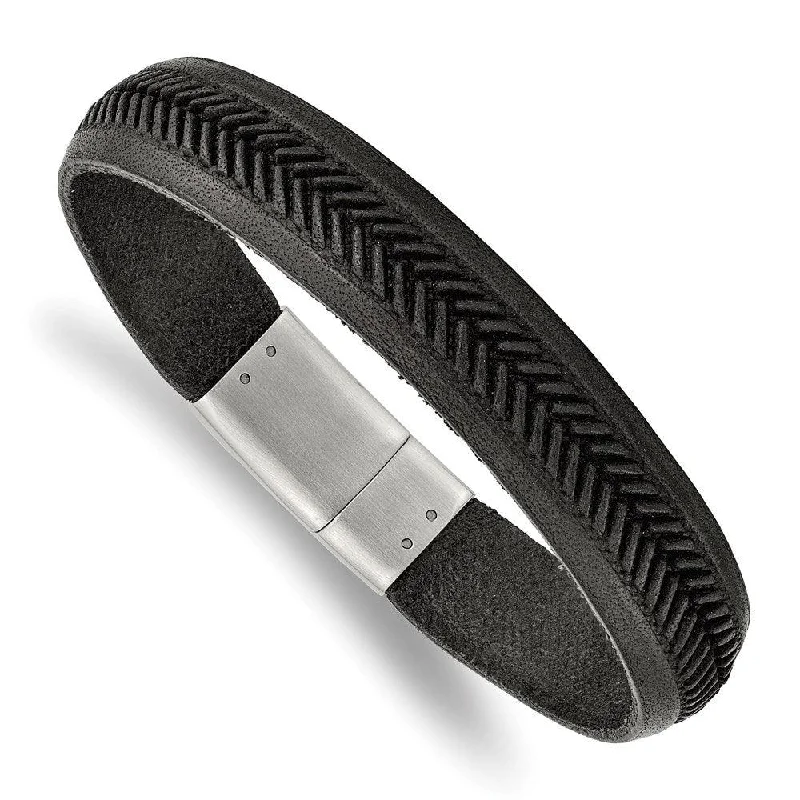 Best bangle bracelets with enamel detailing for a colorful and unique design-Stainless Steel Polished Black Italian Leather 8.75in Bracelet