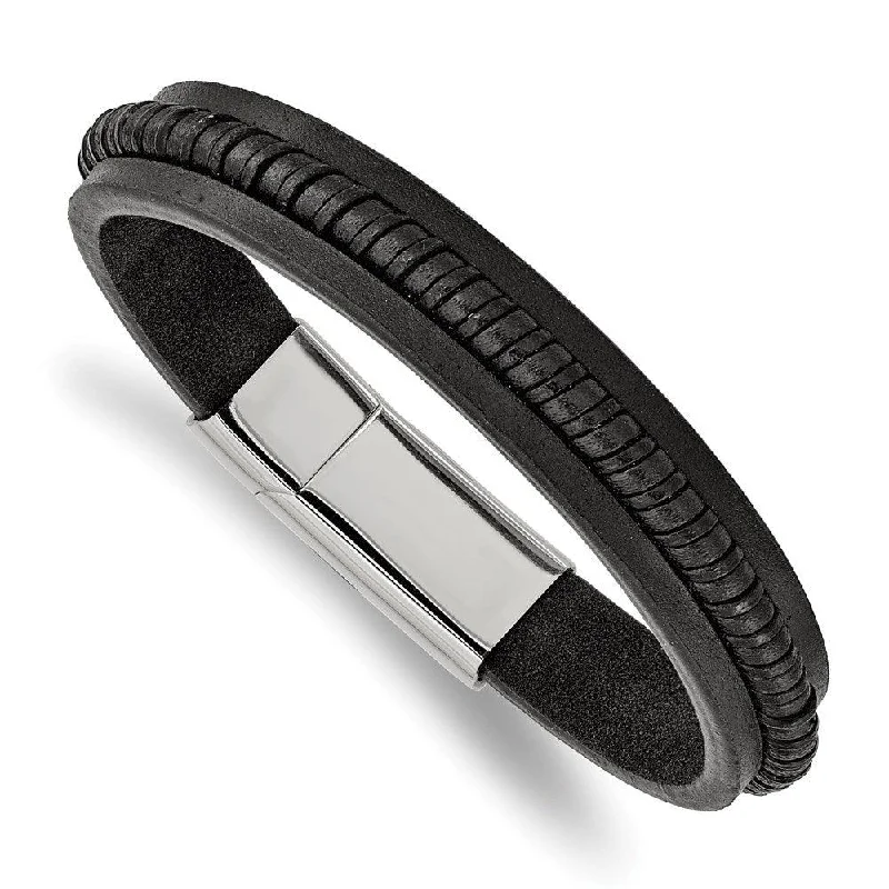 Stacked bangle bracelets with alternating textures for a dynamic, trendy look-Stainless Steel Polished Black Leather 8.25in Bracelet