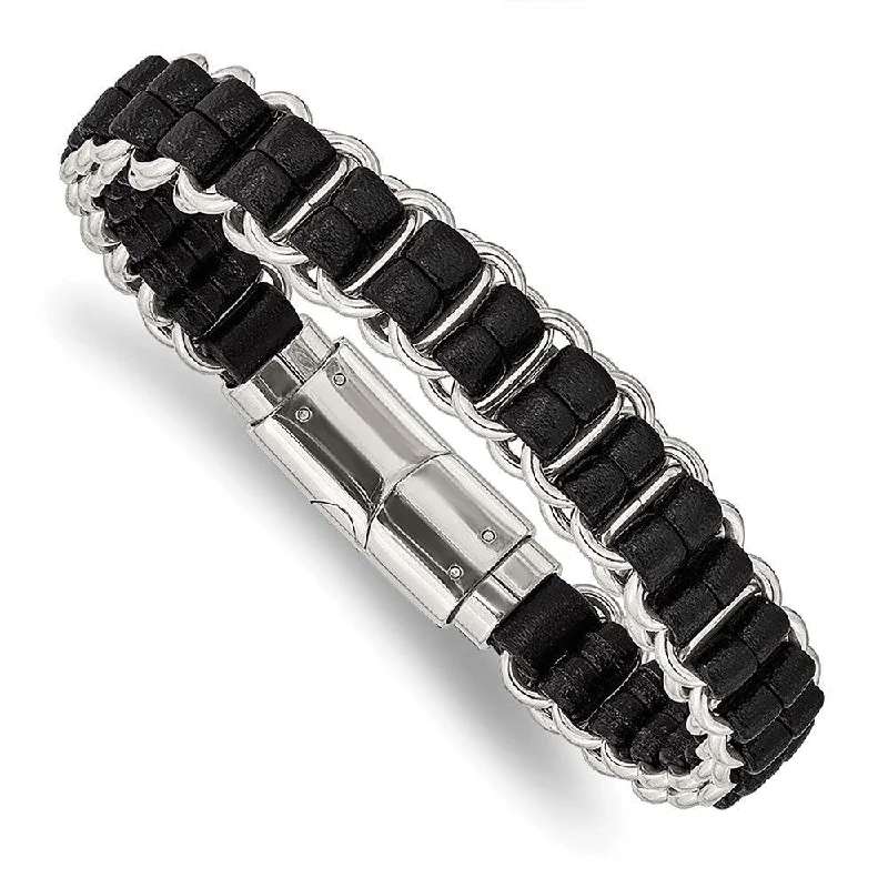 Best bangle bracelets with stacked designs for a trendy and fashionable look-Stainless Steel Polished Black Leather 8.5in Bracelet