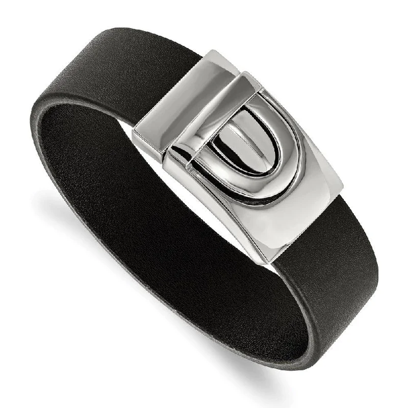 Best bangle bracelets with minimalist silver designs for a timeless, versatile look-Stainless Steel Polished Black Leather Bracelet