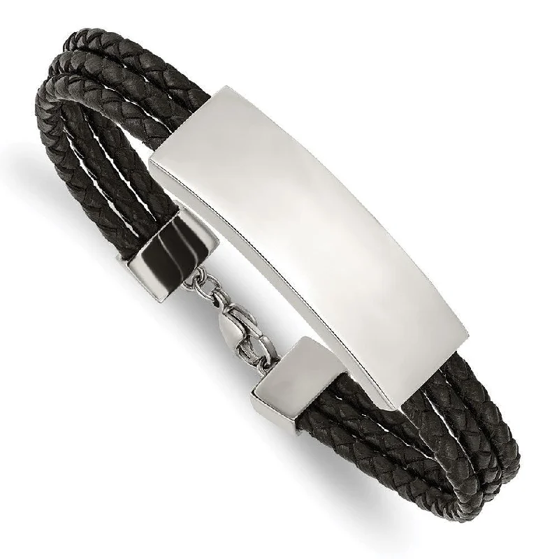 Best bangle bracelets with cubic zirconia for a dazzling and affordable alternative to diamonds-Stainless Steel Polished Black Leather Multi Strand 8in ID Bracelet