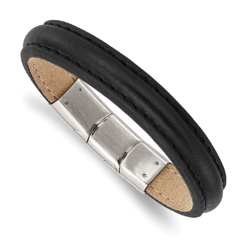 Best bangle bracelets with adjustable sizes for a comfortable and perfect fit-Stainless Steel Polished Black Leather w/.5in ext 7.75in Bracelet