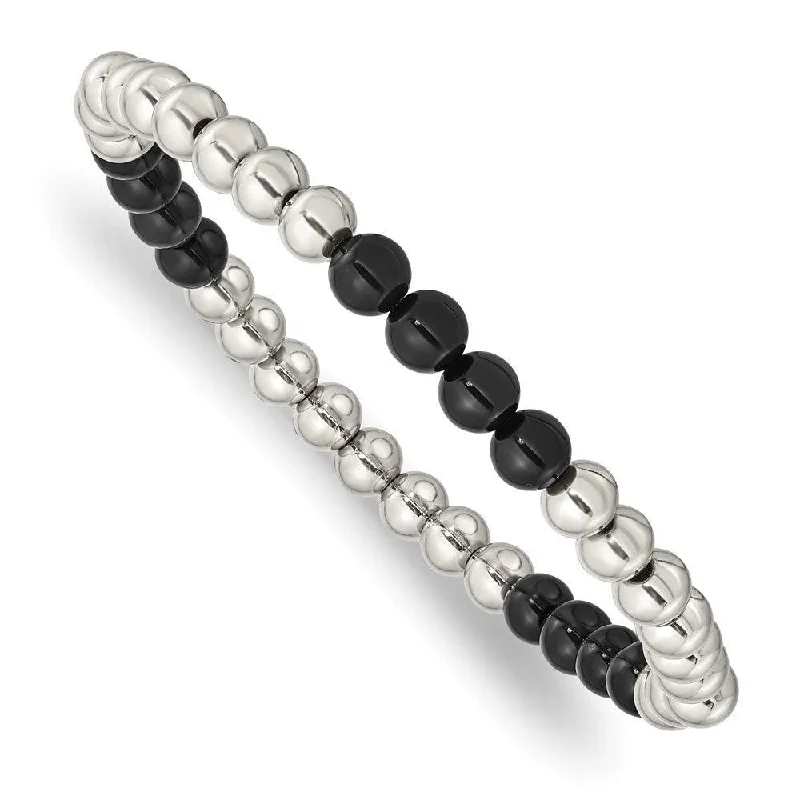 Elegant bangle bracelets with diamond-shaped stones for a sophisticated look-Stainless Steel Polished Black Onyx Beaded Stretch Bracelet