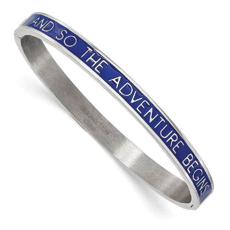 Best bangle bracelets for stacking with delicate and thin designs for layering-Stainless Steel Polished Blue Enamel ADVENTURE BEGINS 6mm Bangle