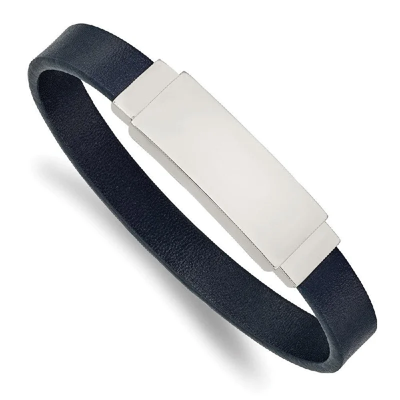 Thin bangle bracelets with mixed metals for a contemporary and versatile look-Stainless Steel Polished Blue Leather 8.5in ID Bracelet