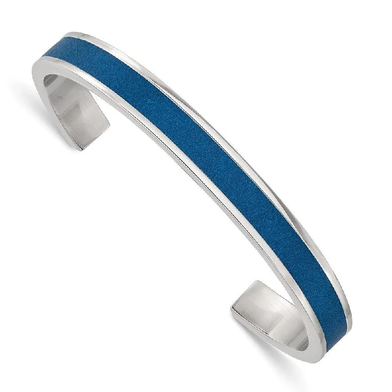 Best bangle bracelets with hand-crafted details for a unique and artisanal touch-Stainless Steel Polished Blue Leather Inlay 8mm Cuff Bangle