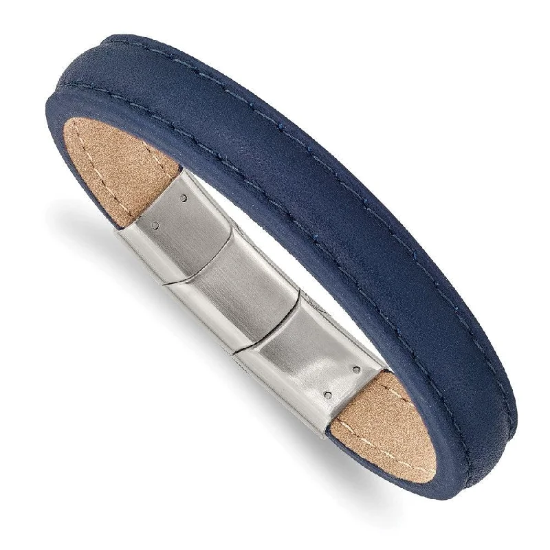 Gold bangle bracelets for women with a minimalist and sleek design-Stainless Steel Polished Blue Leather w/.5in ext 7.75in  Bracelet