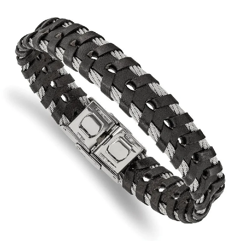 Elegant bangle bracelets with diamond-cut designs for added sparkle and elegance-Stainless Steel Polished Braided Black Leather and Wire 8.25in Bracelet