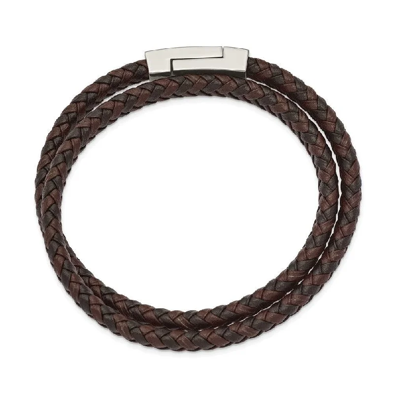 Best bangle bracelets with pastel enamel for a soft and delicate aesthetic-Stainless Steel Polished Brown/Black Leather Braided 15.75in Wrap Bracelet