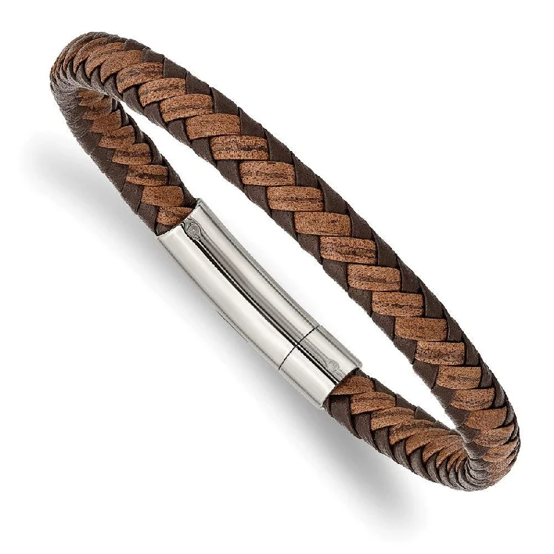 Elegant bangle bracelets with diamond-cut designs for added sparkle and elegance-Stainless Steel Polished Brown Braided Leather 8.25in Bracelet