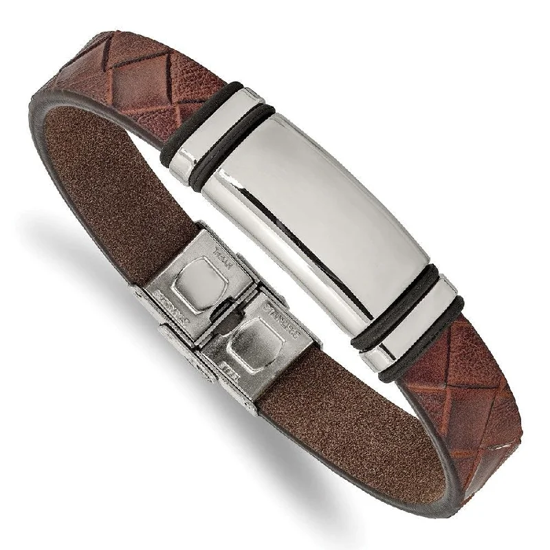 Unique bangle bracelets with colorful enamel designs for a vibrant and playful look-Stainless Steel Polished Brown Faux Leather w/ Black Rubber ID Bracelet