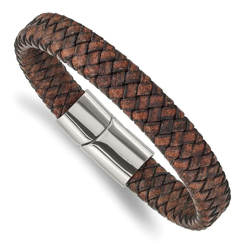 Best bangle bracelets with solid gold for an elegant and luxurious design-Stainless Steel Polished Brown Leather 11.50mm 8.5in Bracelet