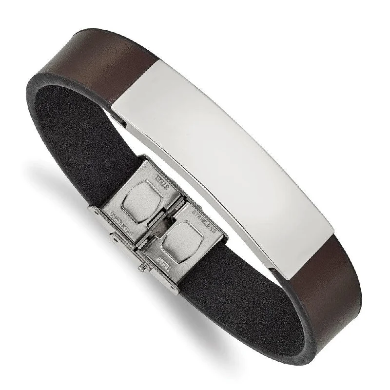 Best bangle bracelets with customizable charms for a personalized, unique piece-Stainless Steel Polished Brown Leather 8.25in ID Bracelet