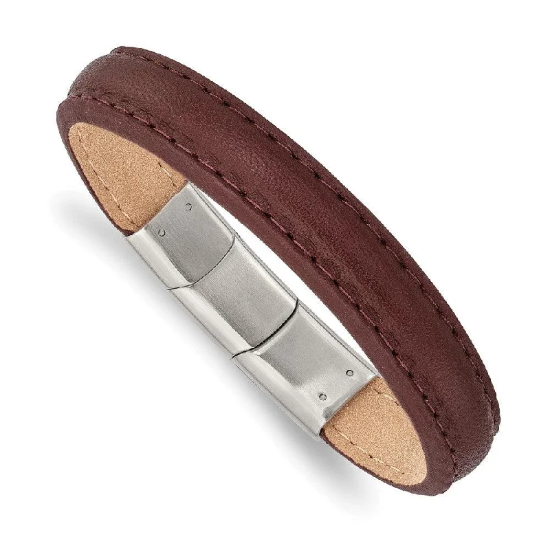 Best silver bangle bracelets with intricate detailing for a timeless and sophisticated style-Stainless Steel Polished Brown Leather w/.5in ext 7.75in Bracelet