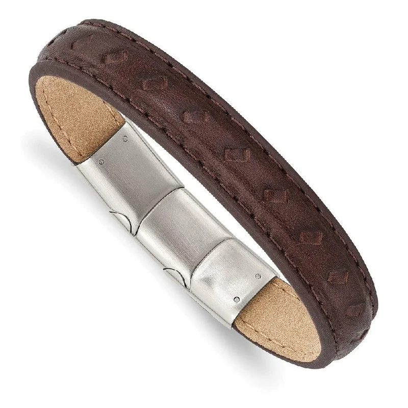 Elegant bangle bracelets with diamonds for a luxurious and sparkling accessory-Stainless Steel Polished Brown Leather w/.5in ext 7.75in Bracelet