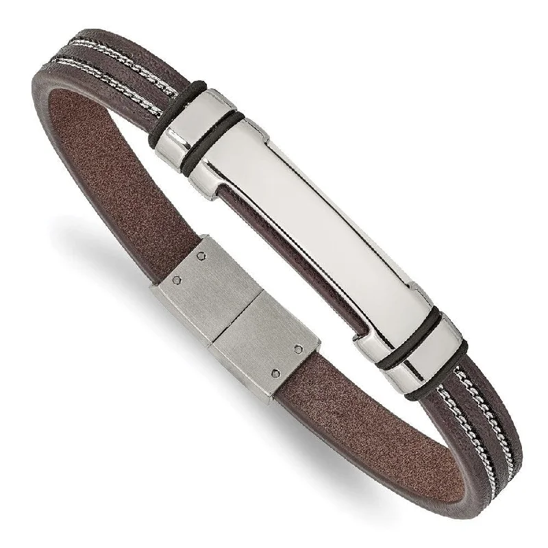 Vintage-inspired bangle bracelets with antique finishes for a retro, nostalgic style-Stainless Steel Polished Brown Leather w/Black Rubber 8.25in ID Bracelet