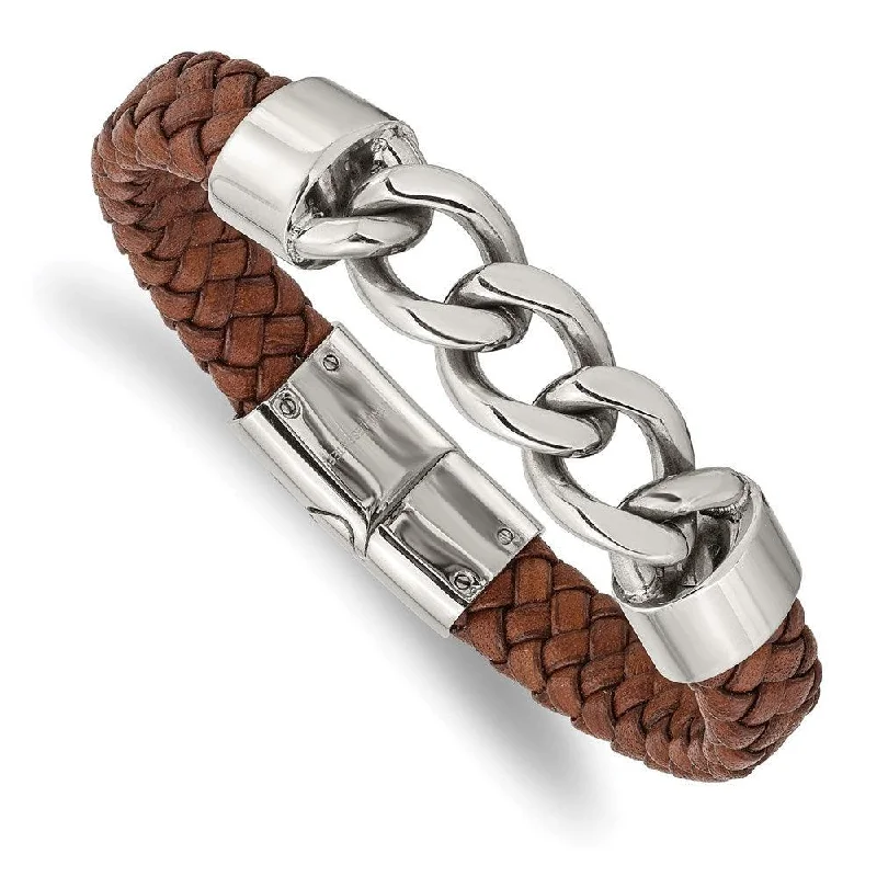 Best bangle bracelets with unique stone inlays for a one-of-a-kind accessory-Stainless Steel Polished Chain and Brown Leather 8.25in Bracelet