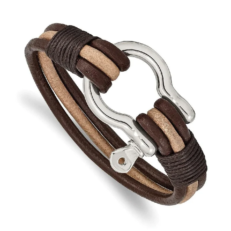 Best bangle bracelets with gold-plated finishes for an affordable luxury option-Stainless Steel Polished DarkBrown/Tan Leather MultiStrand Shackle Bracelet