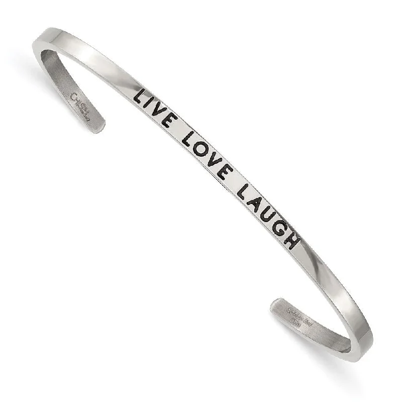 Classic bangle bracelets with pearl embellishments for a feminine and classic touch-Stainless Steel Polished Enamel/Crystal LIVE LOVE LAUGH 3mm Cuff Bangle