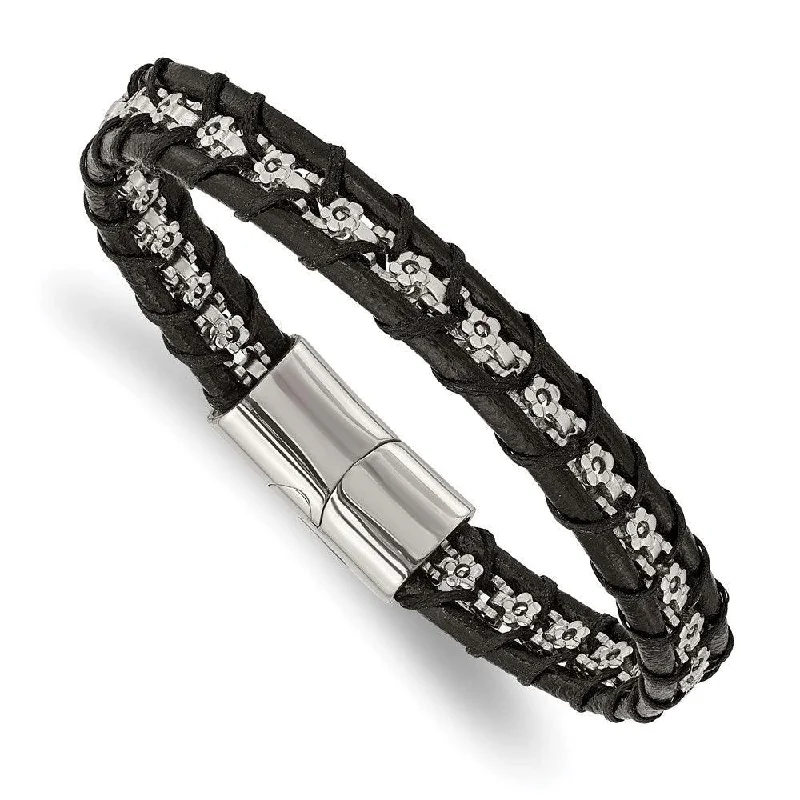 Best bangle bracelets with unique stone inlays for a one-of-a-kind accessory-Stainless Steel Polished Flower Link Black Leather 8.25in Bracelet