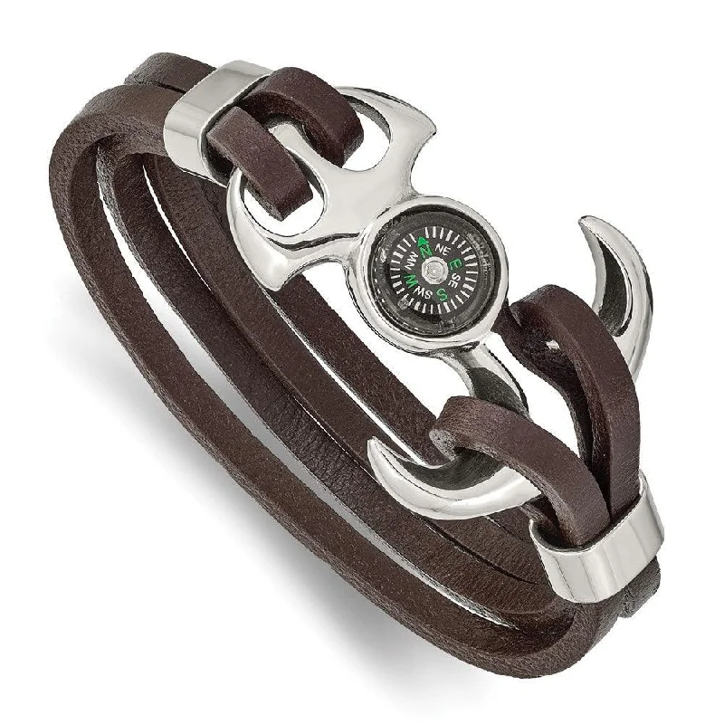 Art deco bangle bracelets with bold lines and shapes for a vintage-inspired flair-Stainless Steel Polished Functional Compass Brown Leather 8.5in Bracelet