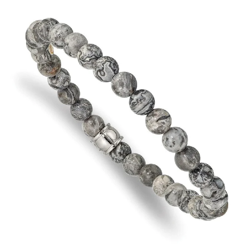 Best silver bangle bracelets with intricate detailing for a timeless and sophisticated style-Stainless Steel Polished Grey Jasper Stretch Bracelet