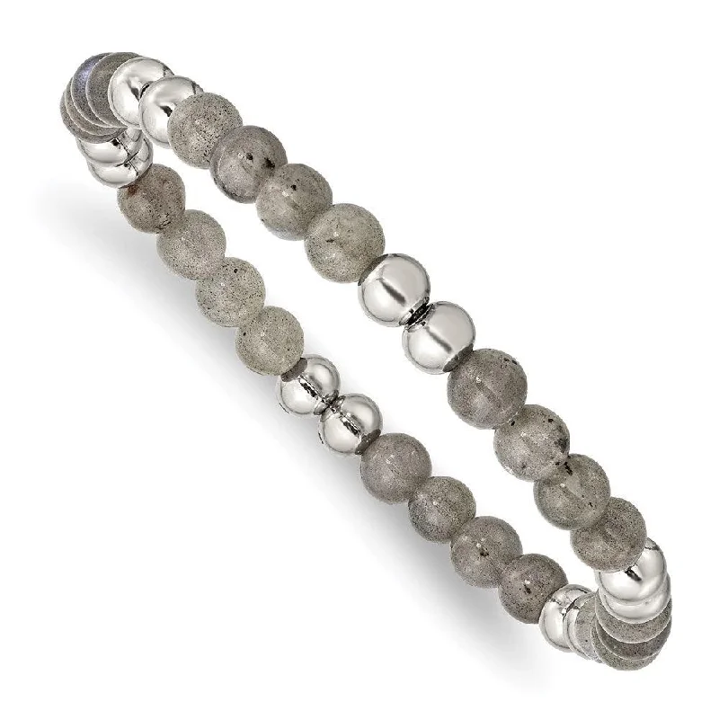 Bold bangle bracelets with mixed materials like wood, metal, and fabric-Stainless Steel Polished Grey Quartz Beaded Stretch Bracelet