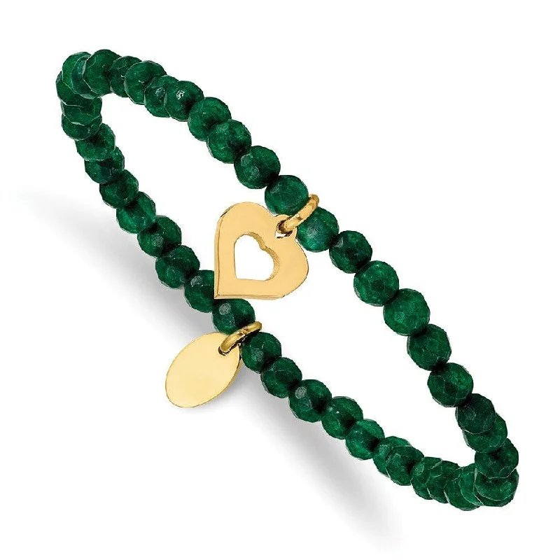 Best bangle bracelets with enamel floral patterns for a delicate and feminine touch-Stainless Steel Polished Heart Yellow IP Green Jade Stretch Bracelet