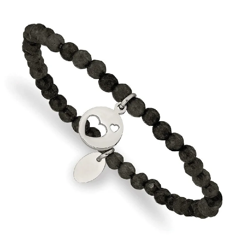 Vintage-inspired bangle bracelets with etched detailing for a timeless, antique look-Stainless Steel Polished Hearts Black Jade Beaded Stretch Bracelet