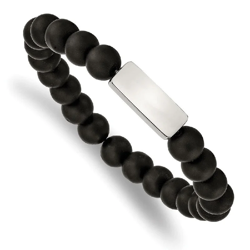 Classic bangle bracelets with clean lines for an elegant and versatile accessory-Stainless Steel Polished ID Plate Black Agate Bead Stretch Bracelet