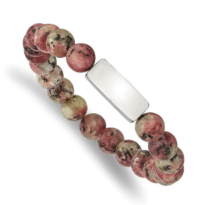 Best bangle bracelets with engraved initials for a personalized and meaningful gift-Stainless Steel Polished ID Plate Rhodochrosite Bead Stretch Bracelet