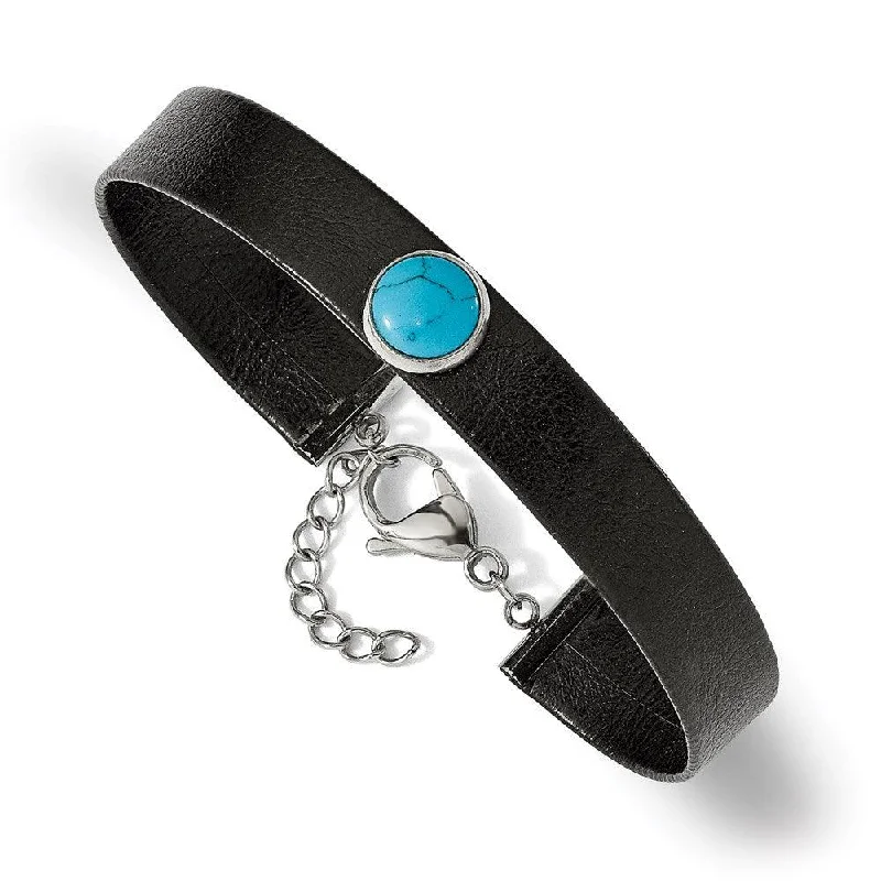 Stylish bangle bracelets with gemstone accents for a chic and modern look-Stainless Steel Polished Leather w/Imit. Turquoise w/1.25in ext. Bracelet