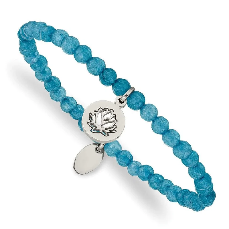 Best bangle bracelets with twisted rope designs for a textured, nautical-inspired look-Stainless Steel Polished Lotus Blue Jade Beaded Stretch Bracelet