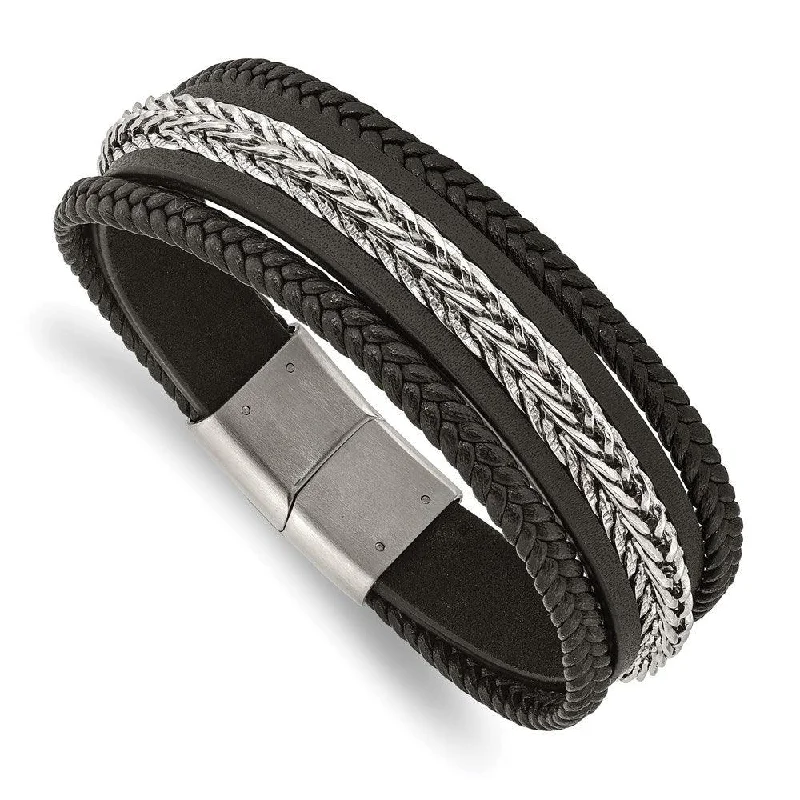 Best bangle bracelets with silver-plated finishes for an affordable and stylish accessory-Stainless Steel Polished Multi Strand Black Leather 8.5in Bracelet