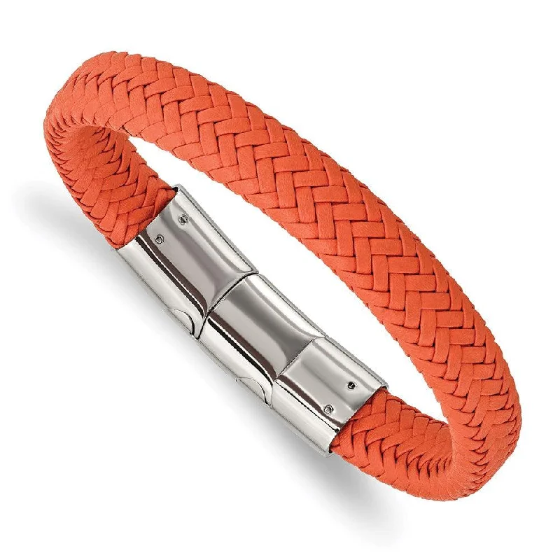 Wide bangle bracelets with boho-inspired patterns for a free-spirited design-Stainless Steel Polished Orange Woven Leather w/.5in ext 8in Bracelet