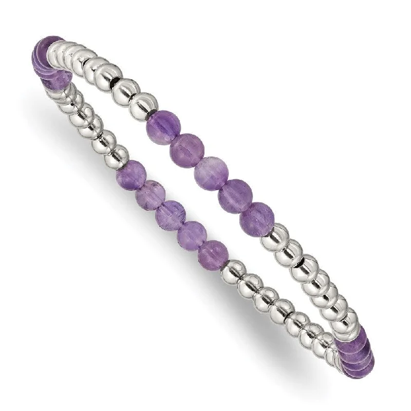 Vintage bangle bracelets with oxidized silver finishes for a rustic, antique feel-Stainless Steel Polished Purple Zebra Amethyst Beaded Stretch Bracelet